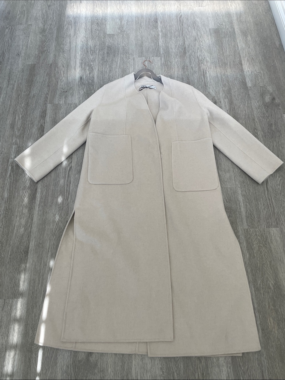 ZARA pale pink/ cream Open-Front Collarless Long Coat